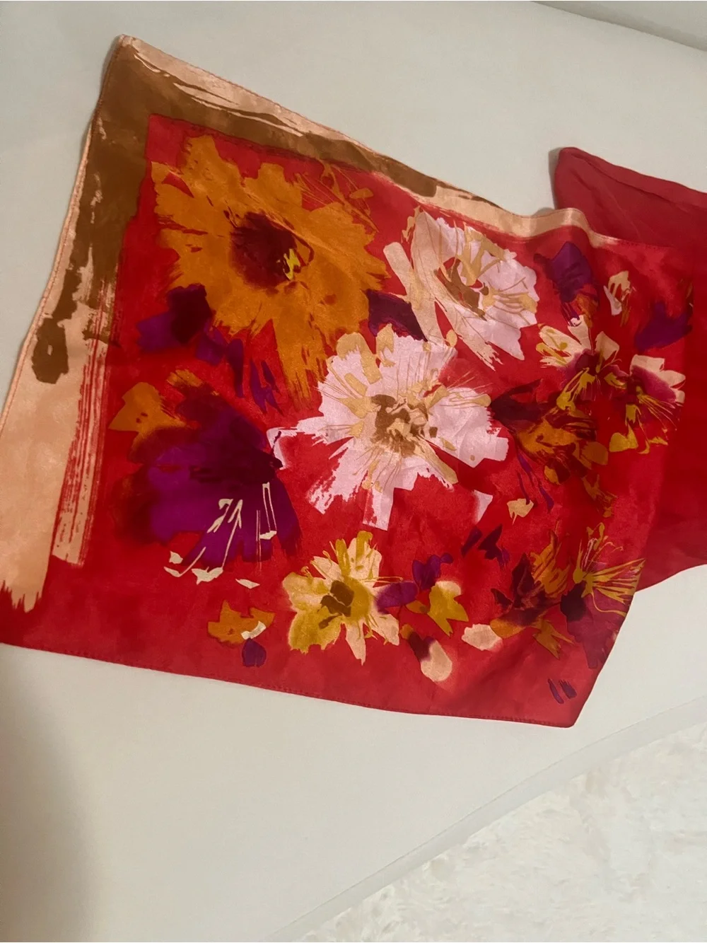 Vintage Anne Klein 100% Silk Scarf Brilliant Red Floral Print Long Rectangular